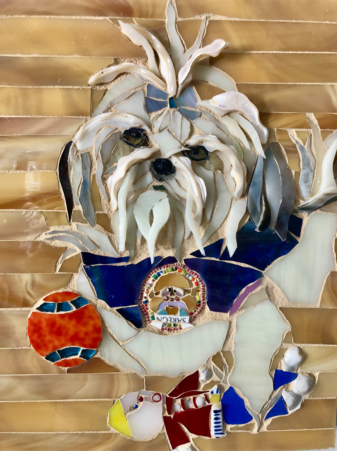 Mosaic of a white dog named Ming